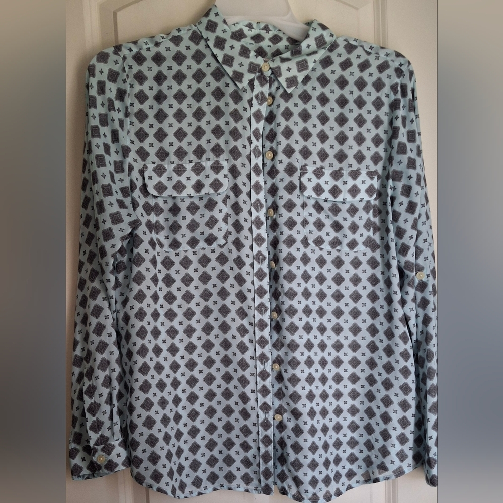 Loft Semi Sheer Patterned Button-Up Shirt Sz L LONG SLEEVE FLOWY FORMAL OFFICE